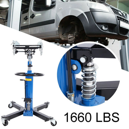 2026 Vertikaler hydraulischer Getriebeheber für Autos, Tragfähigkeit 0,75 Tonne (1660 Pfund), Hubhöhe 33" bis 70", mit 360° schwenkbaren Rollen und Fußpedal – Blau