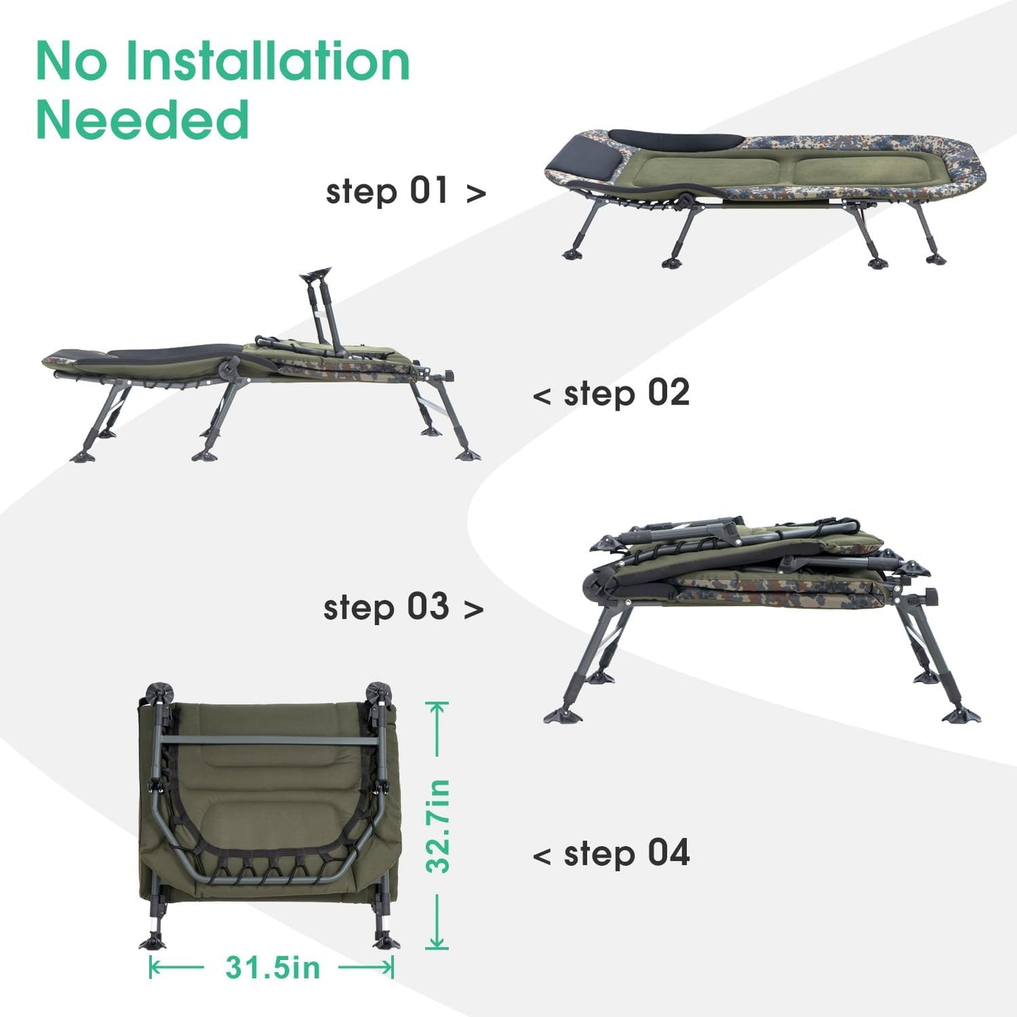 2026 Campingbetten für Erwachsene, 150 kg, mit Tragetasche, robustes Klappbett mit weich gepolstertem Kissen, tragbares Militärbett für die Jagd, um 180° verstellbare Liegefläche für den Außenbereich