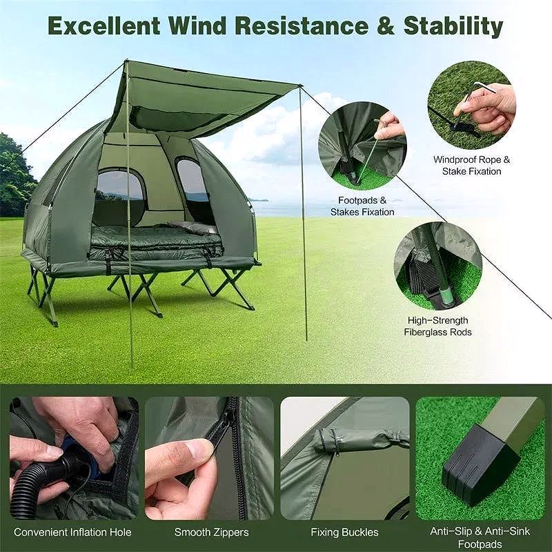 2026 5-in-1 Zelt-Campingbett für 2 Personen – Tragbares Outdoor-Tent-Combo mit Luftmatratze, Schlafsäcken & Sonnenschutz