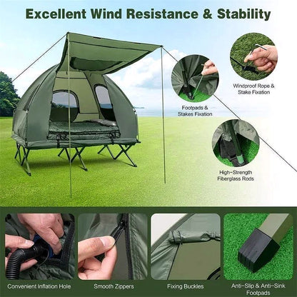 2026 5-in-1 Zelt-Campingbett für 2 Personen – Tragbares Outdoor-Tent-Combo mit Luftmatratze, Schlafsäcken & Sonnenschutz