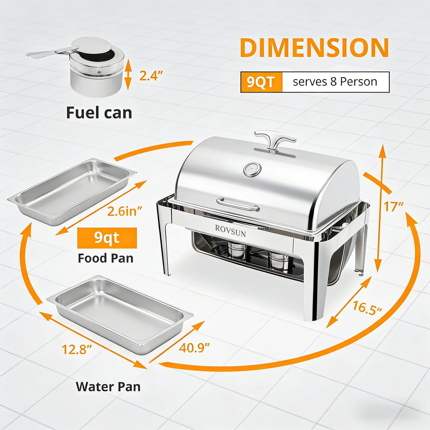 2026 9 QT Roll Top Rectangle Chafing Dish Set with Full Size Pan & Visible Window