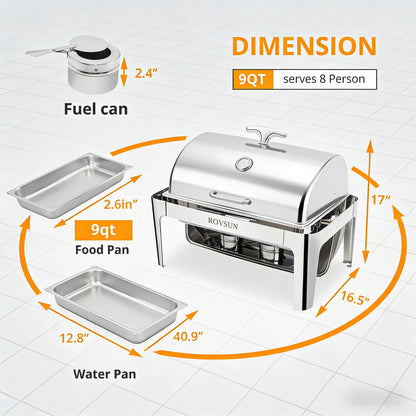 2026 9 QT Roll Top Rectangle Chafing Dish Set with Full Size Pan & Visible Window