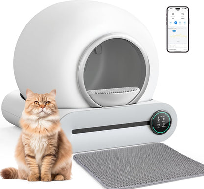 2026 Selbstreinigende Katzentoilette, Automatische Katzentoilette mit Matte und Einlagen, 65 l + 9 l große Kapazität, Selbstreinigende Katzentoilette, App-Steuerung/Geeignet für mehrere Katzen – Grau