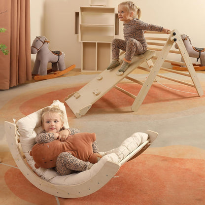 2026 Dreieck-Set mit Kissen, 5-in-1 Montessori-Kletterset, faltbar, Kletter-Indoor-Spielplatz-Set für Kleinkinder, Holz-Kletterspielzeug mit Rampe und Kletterbogen für Kinder (Holzfarbe)
