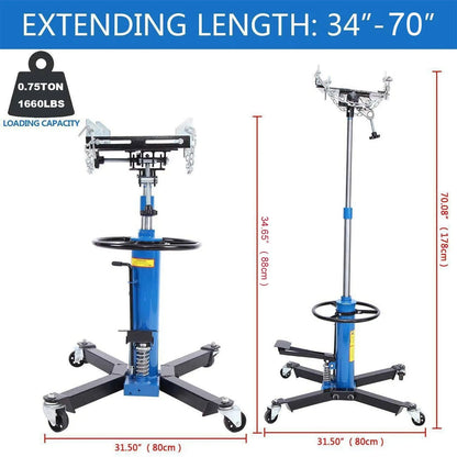 2026 Vertikaler hydraulischer Getriebeheber für Autos, Tragfähigkeit 0,75 Tonne (1660 Pfund), Hubhöhe 33" bis 70", mit 360° schwenkbaren Rollen und Fußpedal – Blau