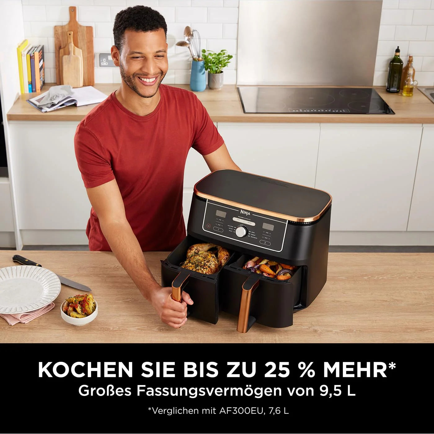 2026 Ninja Foodi MAX Dual Zone Heißluftfritteuse, 9,5L Airfryer, 2 Fächer, mit Zange, Antihaftbeschichtung, spülmaschinenfeste Körbe, 6-in-1, Amazon Exklusiv, Kupfer/Schwarz, AF400EUCP