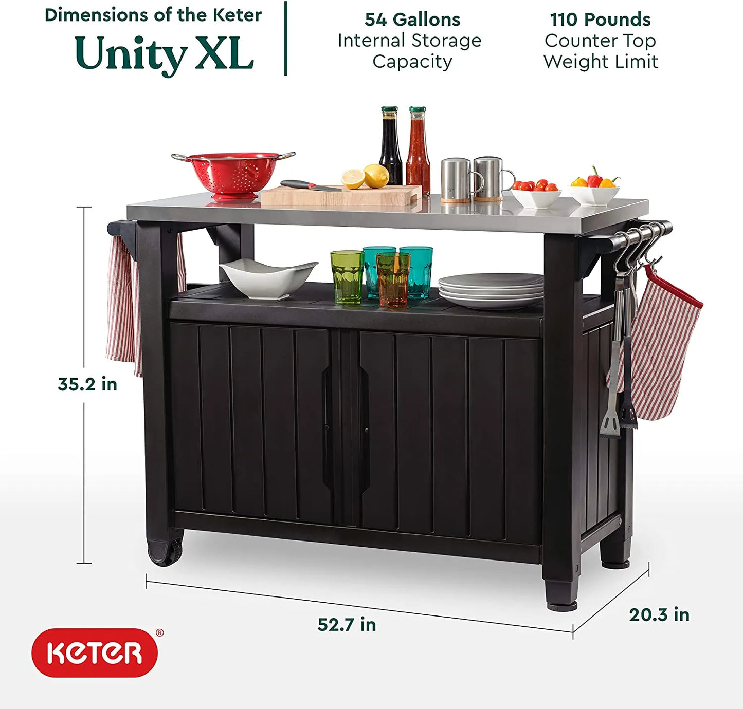 2026 2026 Keter Unity XL Mobiler Patio-Wagen – Wetterfester Außenküchentisch mit Edelstahl-Arbeitsfläche, Abschließbarem Stauraum & Zubehör