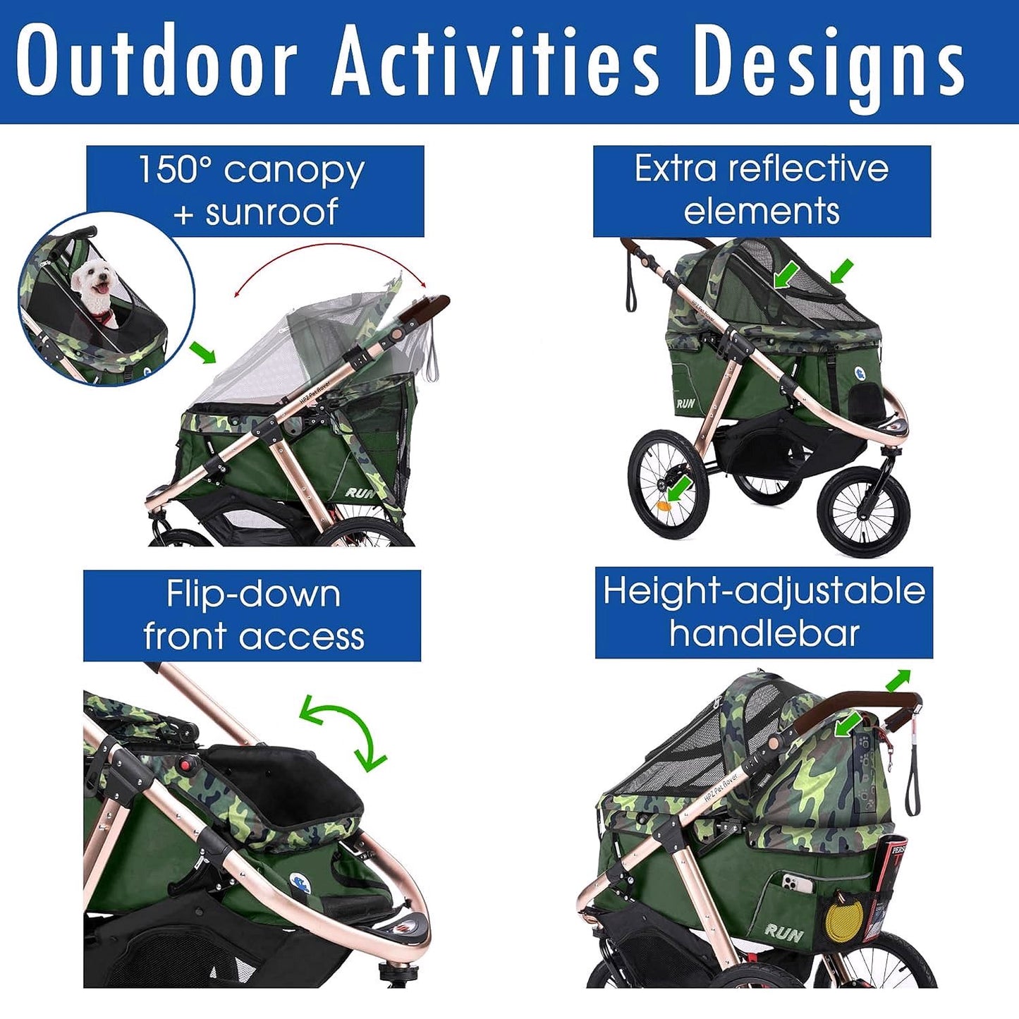 2026 Jogging-Sport-Tierbuggy mit Komfort-Gummirädern / Reißverschlusslosem Einstieg / Einhand-Schnellfaltung / Aluminiumrahmen für kleine & mittelgroße Hunde, Katzen und Haustiere (Grün Camouflage)