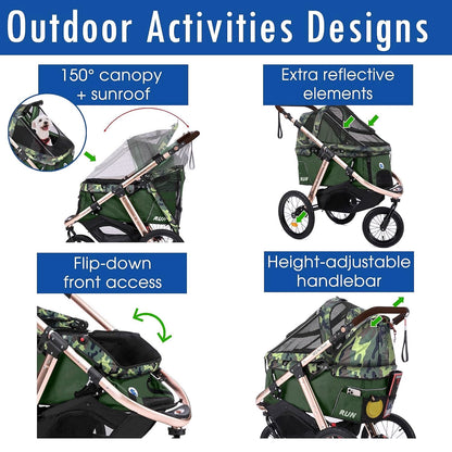 2026 Jogging-Sport-Tierbuggy mit Komfort-Gummirädern / Reißverschlusslosem Einstieg / Einhand-Schnellfaltung / Aluminiumrahmen für kleine & mittelgroße Hunde, Katzen und Haustiere (Grün Camouflage)