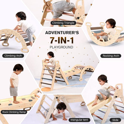 2026 Pikler-Dreieck Set 7-in-1 – Faltbares Baby-Kletterspielzeug aus Holz, Montessori Kletterset mit Bogen, Rampe & Leiter, Indoor Klettergerüst für Kleinkinder – Regenbogen
