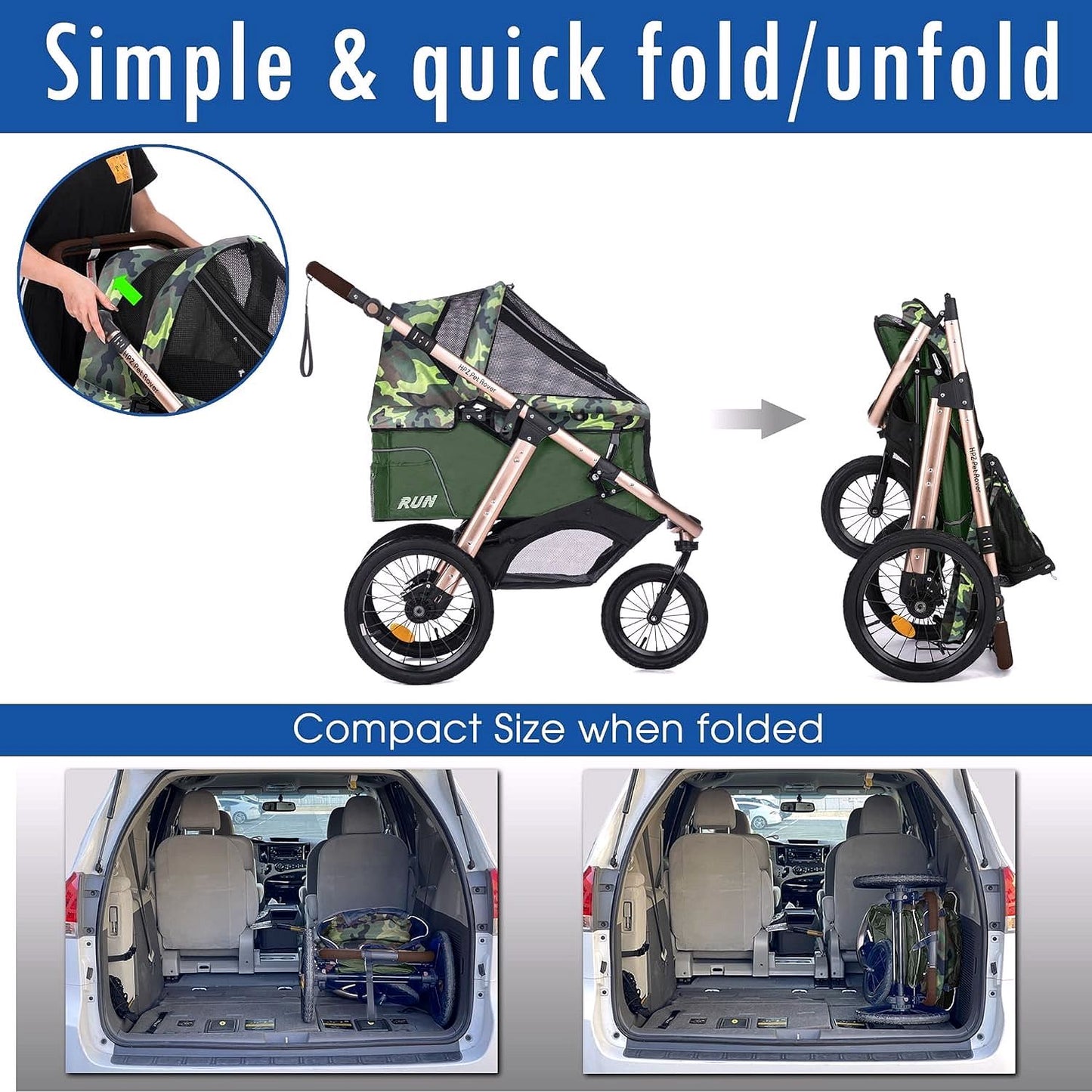2026 Jogging-Sport-Tierbuggy mit Komfort-Gummirädern / Reißverschlusslosem Einstieg / Einhand-Schnellfaltung / Aluminiumrahmen für kleine & mittelgroße Hunde, Katzen und Haustiere (Grün Camouflage)