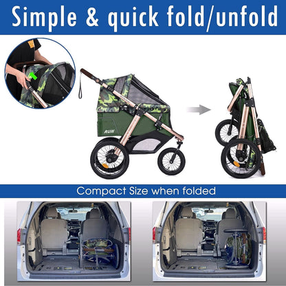 2026 Jogging-Sport-Tierbuggy mit Komfort-Gummirädern / Reißverschlusslosem Einstieg / Einhand-Schnellfaltung / Aluminiumrahmen für kleine & mittelgroße Hunde, Katzen und Haustiere (Grün Camouflage)