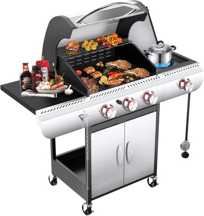 2026 R.W.FLAME 3 & 4-Brenner Propan-Gasgrills mit Seitenbrennern, für Outdoor-Kochen, BBQ, Terrasse, Camping