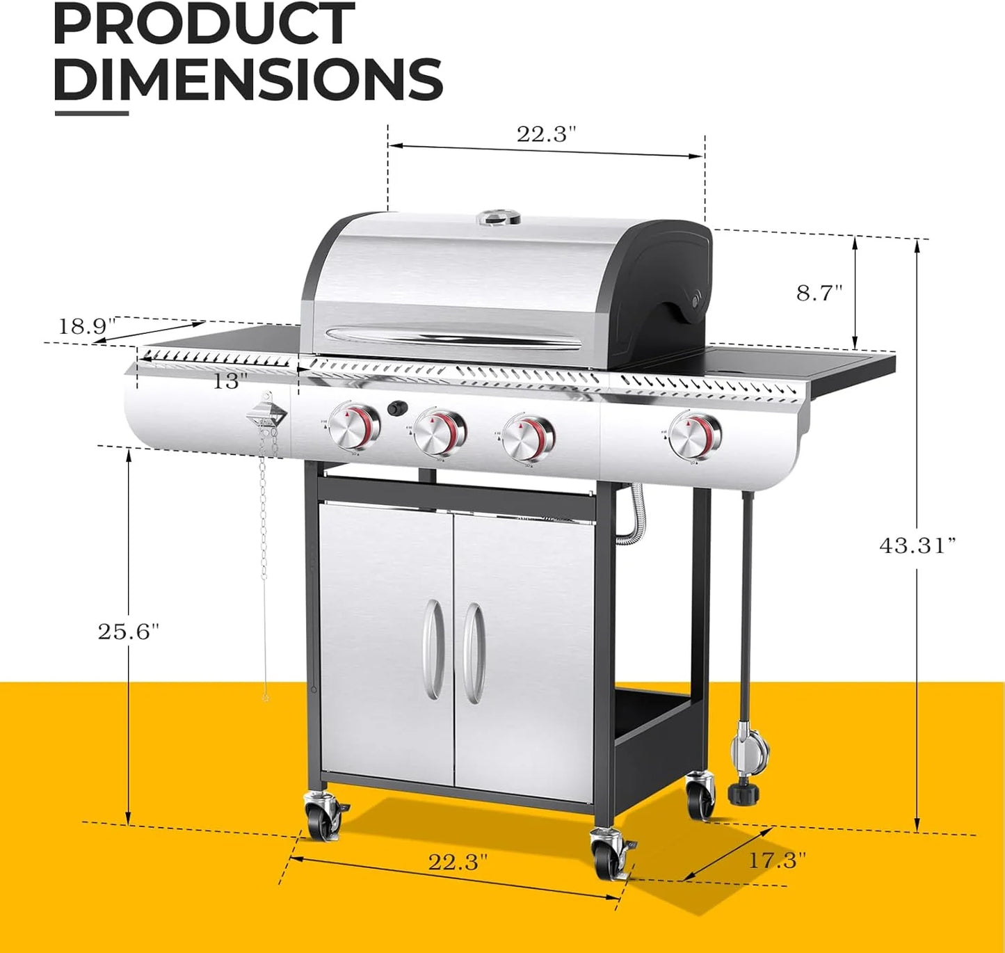 2026 R.W.FLAME 3 & 4-Brenner Propan-Gasgrills mit Seitenbrennern, für Outdoor-Kochen, BBQ, Terrasse, Camping