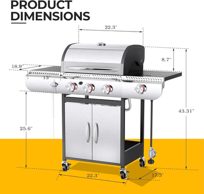 2026 R.W.FLAME 3 & 4-Brenner Propan-Gasgrills mit Seitenbrennern, für Outdoor-Kochen, BBQ, Terrasse, Camping