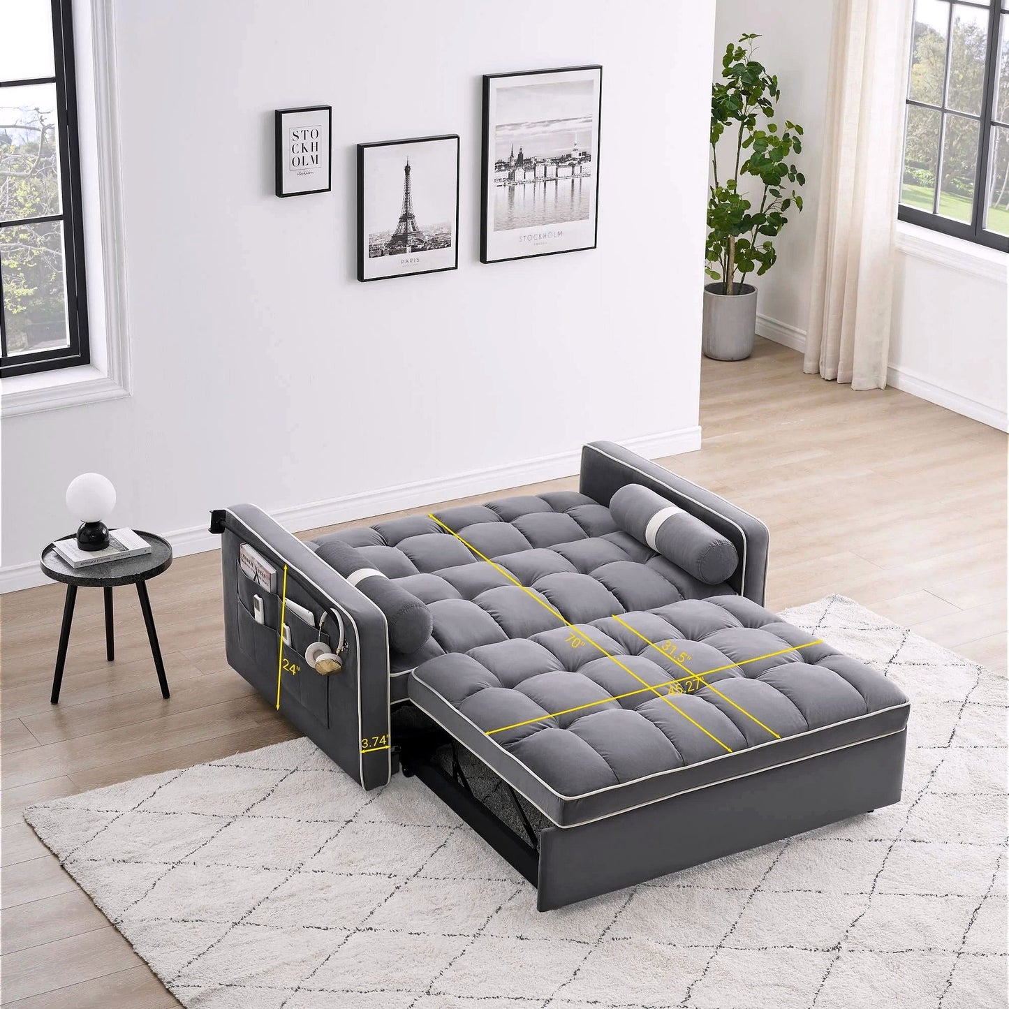 2026 3-in-1 Schlafsofa Couchbett, kleines umwandelbares Samt-Loveseat mit Ausziehbett, verstellbarer Rückenlehne, Zylinderkissen, Mehrfach-Taschen & Handyhalter – Grau, 55,5"