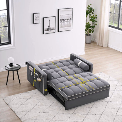 2026 3-in-1 Schlafsofa Couchbett, kleines umwandelbares Samt-Loveseat mit Ausziehbett, verstellbarer Rückenlehne, Zylinderkissen, Mehrfach-Taschen & Handyhalter – Grau, 55,5"