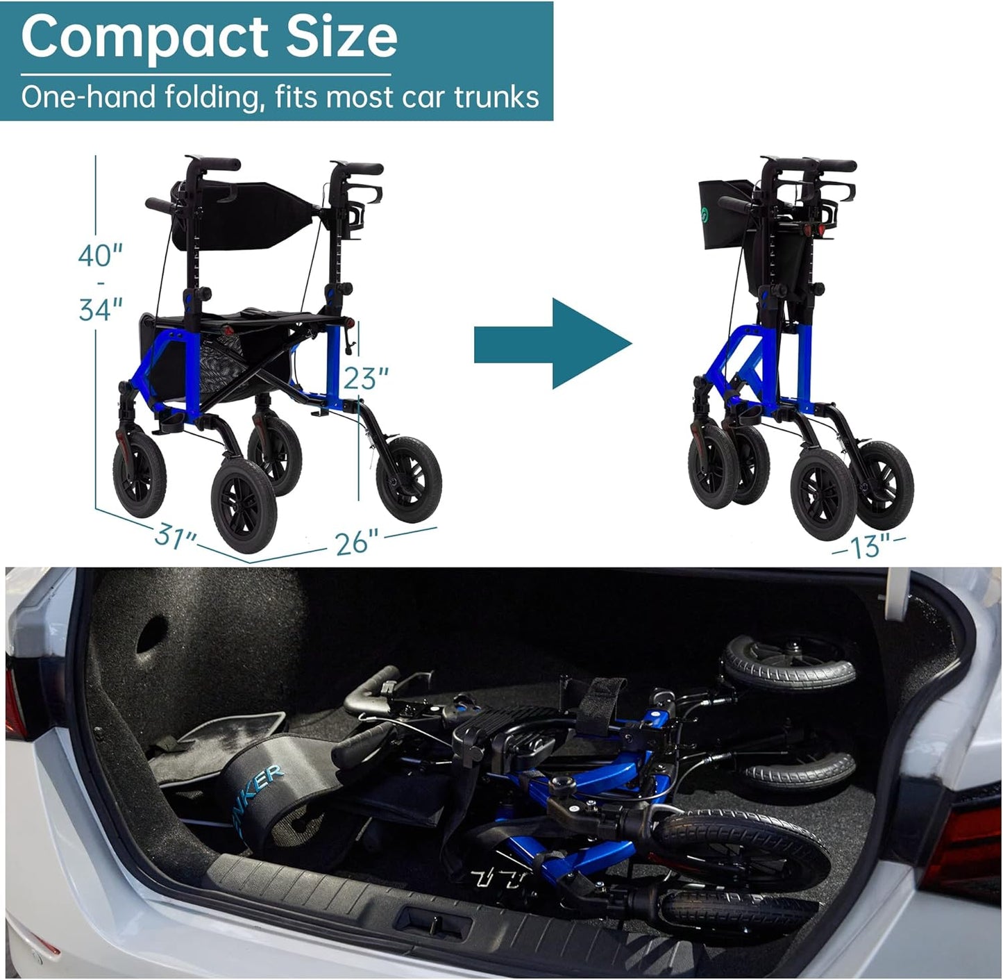 2026 Geländegängiger 2-in-1-Rollator und Transportstuhl, zusammenklappbarer Rollstuhl mit luftlosen 10-Zoll-Rädern für Senioren, umkehrbare Rückenlehne und abnehmbare Fußstützen, blau