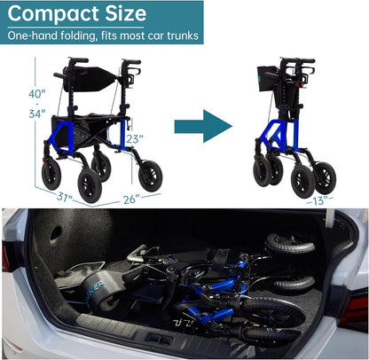 2026 Geländegängiger 2-in-1-Rollator und Transportstuhl, zusammenklappbarer Rollstuhl mit luftlosen 10-Zoll-Rädern für Senioren, umkehrbare Rückenlehne und abnehmbare Fußstützen, blau