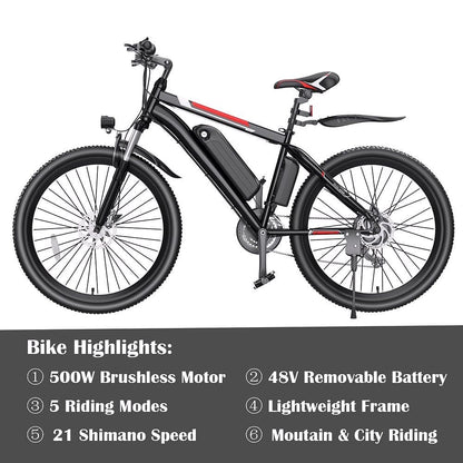 2026 500W Elektrofahrrad 26" E-Bike für Erwachsene mit Tempomat