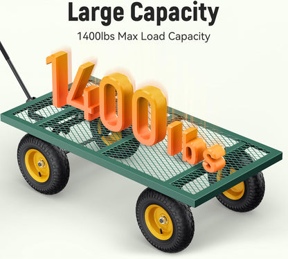 2026 Steel Garden Cart, 2-in-1 1400 lbs Heavy Duty Utility Wagon, with Removable Mesh Sides to Convert into Flatbed, 240° U-Turn 13" Pneumatic Tires Garden Wagon for Farm Yard Lawn Garden Camping