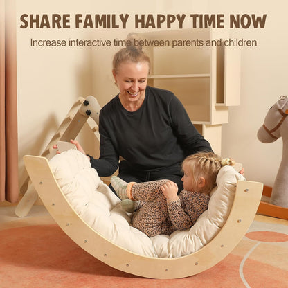 2026 Dreieck-Set mit Kissen, 5-in-1 Montessori-Kletterset, faltbar, Kletter-Indoor-Spielplatz-Set für Kleinkinder, Holz-Kletterspielzeug mit Rampe und Kletterbogen für Kinder (Holzfarbe)