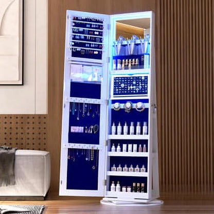 2026 LVSOMT 360° drehbarer LED-Schmuckschrank mit Ganzkörperspiegel, großer Schmuckschrank, verschließbarer Standspiegel, Schmuck-Organizer mit innerem Schminkspiegel und weichem Samt für Wohnzimmer und Schlafzimmer