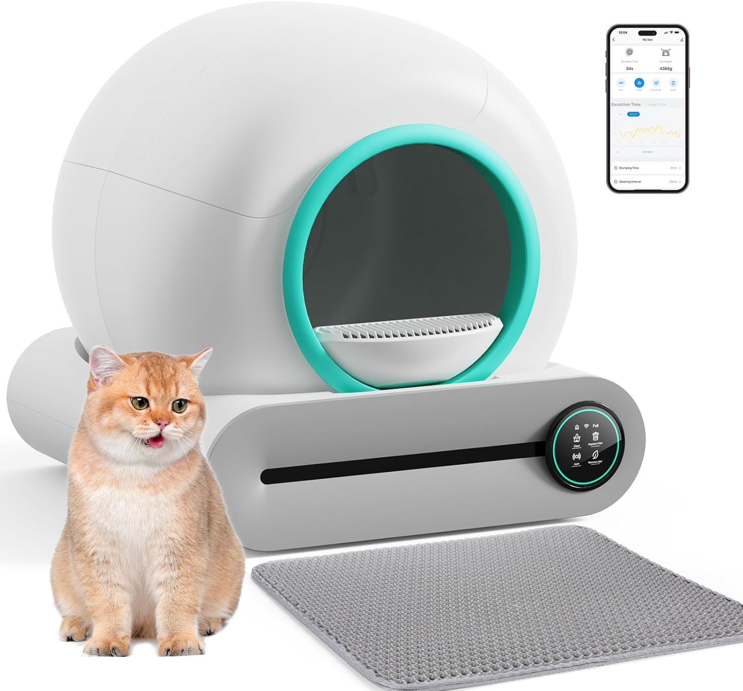 2026 Selbstreinigende Katzentoilette, Automatische Katzentoilette mit Matte und Einlagen, 65 l + 9 l große Kapazität, Selbstreinigende Katzentoilette, App-Steuerung/Geeignet für mehrere Katzen – Grau