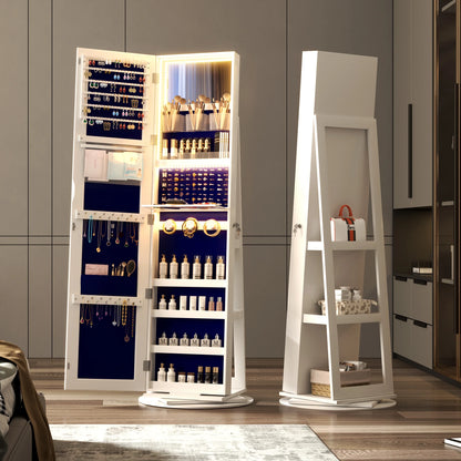 2026 LVSOMT 360° drehbarer LED-Schmuckschrank mit Ganzkörperspiegel, großer Schmuckschrank, verschließbarer Standspiegel, Schmuck-Organizer mit innerem Schminkspiegel und weichem Samt für Wohnzimmer und Schlafzimmer