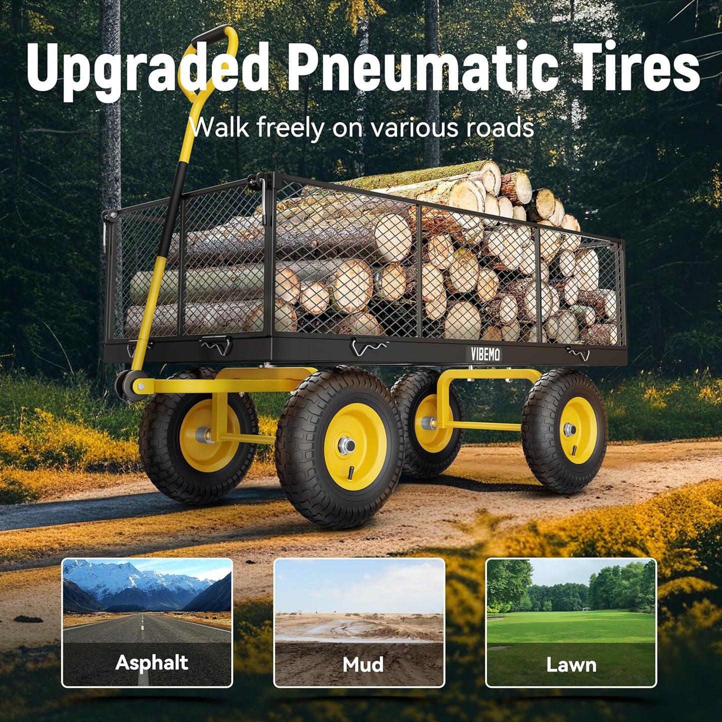 2026 Steel Garden Cart, 2-in-1 1400 lbs Heavy Duty Utility Wagon, with Removable Mesh Sides to Convert into Flatbed, 240° U-Turn 13" Pneumatic Tires Garden Wagon for Farm Yard Lawn Garden Camping