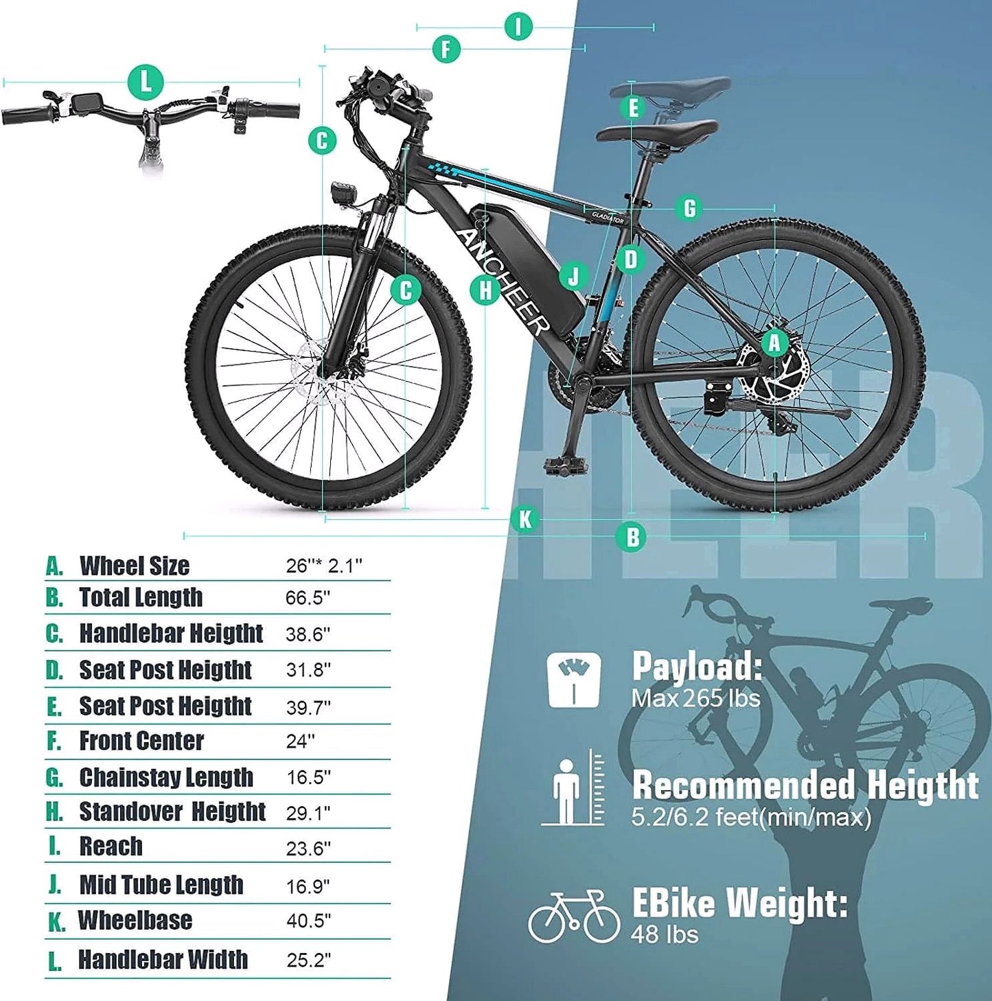 2026 ANCHEER Gladiator 500W 26" E-Mountainbike für Erwachsene