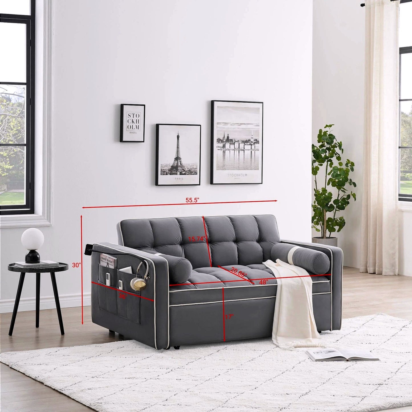 2026 3-in-1 Schlafsofa Couchbett, kleines umwandelbares Samt-Loveseat mit Ausziehbett, verstellbarer Rückenlehne, Zylinderkissen, Mehrfach-Taschen & Handyhalter – Grau, 55,5"