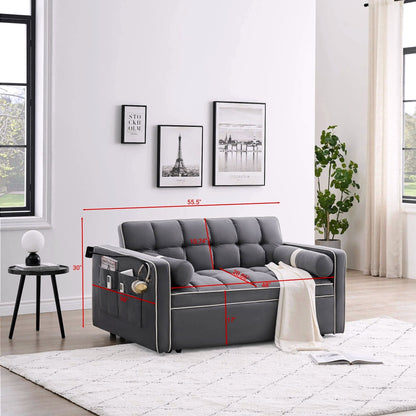 2026 3-in-1 Schlafsofa Couchbett, kleines umwandelbares Samt-Loveseat mit Ausziehbett, verstellbarer Rückenlehne, Zylinderkissen, Mehrfach-Taschen & Handyhalter – Grau, 55,5"