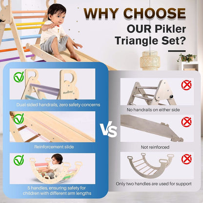 2026 Pikler-Dreieck Set 7-in-1 – Faltbares Baby-Kletterspielzeug aus Holz, Montessori Kletterset mit Bogen, Rampe & Leiter, Indoor Klettergerüst für Kleinkinder – Regenbogen