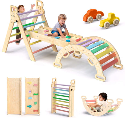 2026 Pikler-Dreieck Set 7-in-1 – Faltbares Baby-Kletterspielzeug aus Holz, Montessori Kletterset mit Bogen, Rampe & Leiter, Indoor Klettergerüst für Kleinkinder – Regenbogen
