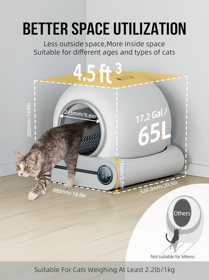 2026 Selbstreinigende Katzentoilette, Automatische Katzentoilette mit Matte und Einlagen, 65 l + 9 l große Kapazität, Selbstreinigende Katzentoilette, App-Steuerung/Geeignet für mehrere Katzen – Grau