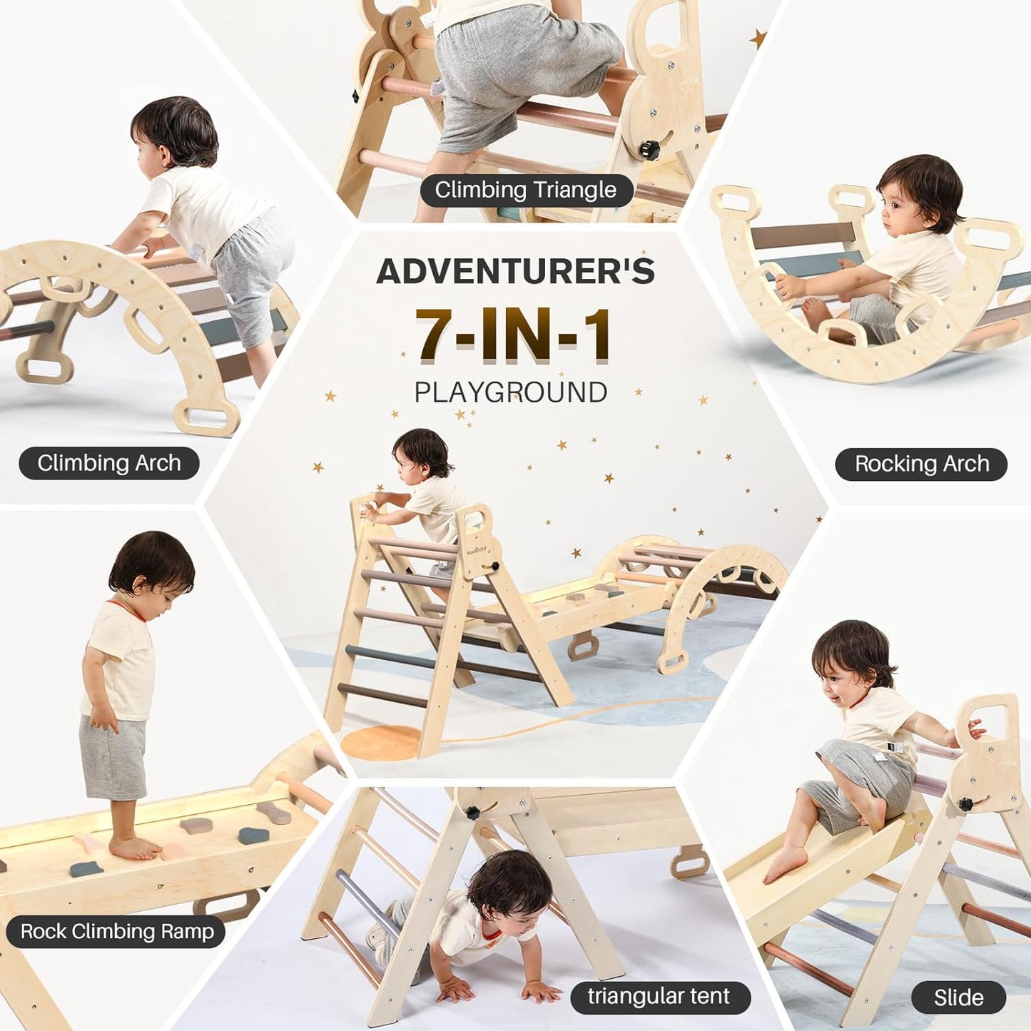 2026 Pikler-Dreieck-Set, 7-in-1, faltbares Baby-Kletterspielzeug, hölzernes Montessori-Kletterset mit Bogen, Rampe und Leiter, Baby-Klettergerät, Indoor-Klettergerüste für Kleinkinder, Montessori-Spielzeug – Regenbogen