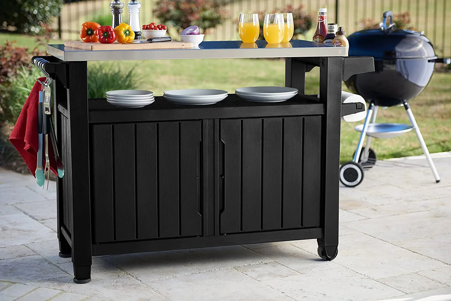 2026 2026 Keter Unity XL Mobiler Patio-Wagen – Wetterfester Außenküchentisch mit Edelstahl-Arbeitsfläche, Abschließbarem Stauraum & Zubehör