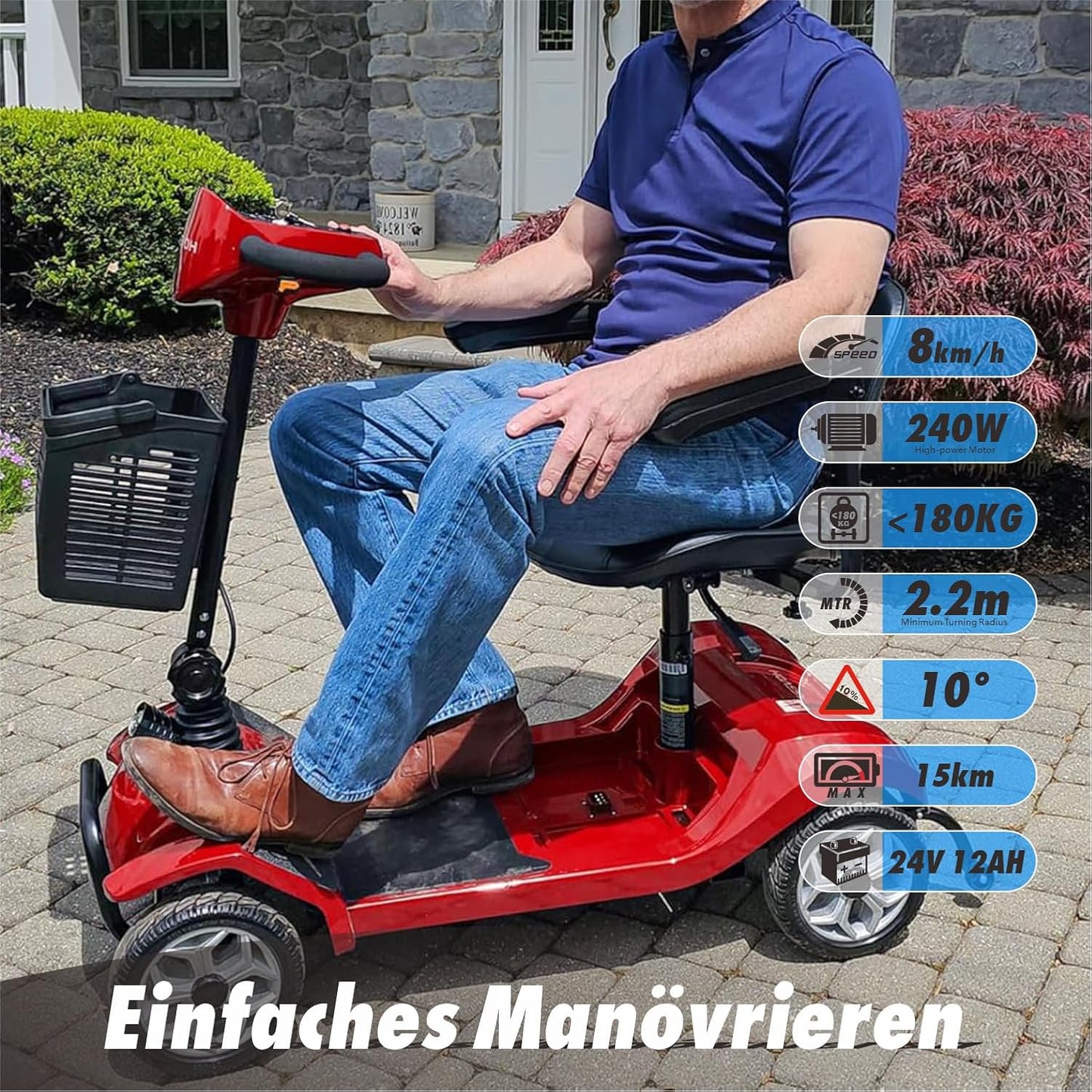 2026 Mobilitätsroller mit 4 Rädern, elektrisch betriebener Rollstuhl, kompaktes Hochleistungsmobil für unterwegs, Erwachsene, Senioren – Langstrecken-Akku mit erweiterter Leistung, Rückspiegel