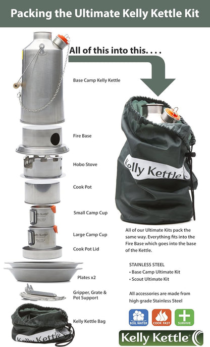 2026 Kelly Kettle Ultimate Base Camp Kit – 54 oz großer Campingkessel aus Edelstahl, leichter Campingkessel mit Pfeife, Kelly Kettle-Kocher zum Angeln, Jagen, Wandern