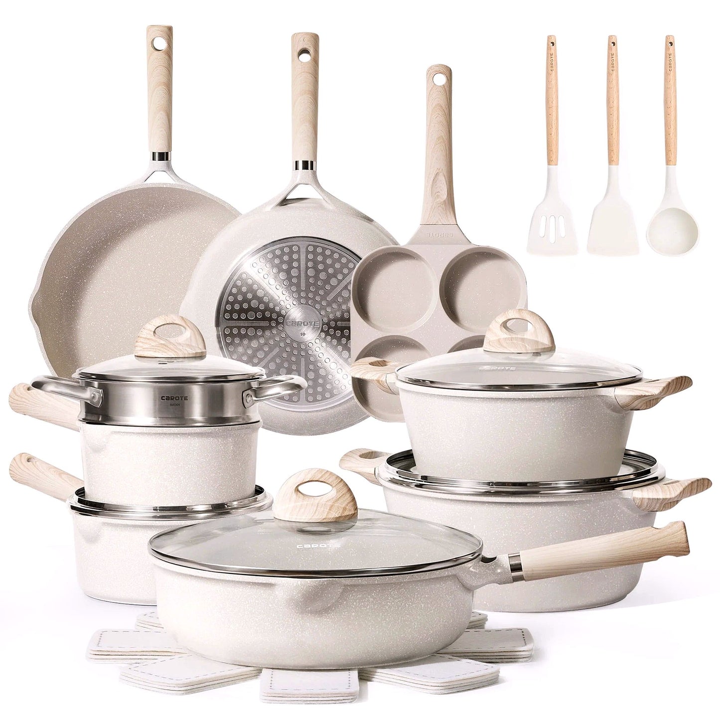 2026 CAROTE Antihaft-Töpfe- und Pfannenset, 21-teiliges Induktions-Kochgeschirr (Beige Granit)