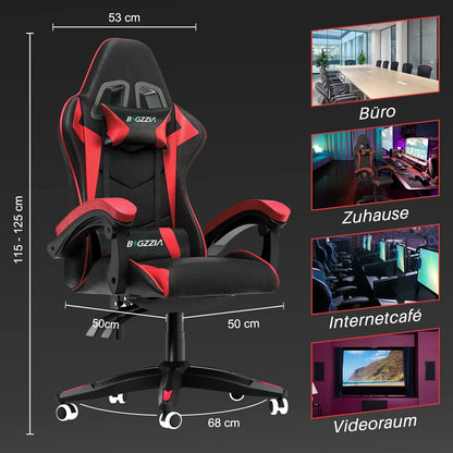 2026 Bigzzia Gaming-Stuhl, Bürostuhl, Liegestuhl, hohe Rückenlehne, Leder, verstellbar, drehbar, rollbar, ergonomisch, Videospiel-Stühle, Rennstuhl, Computer-Schreibtischstuhl mit Kopfstütze und Lendenwirbelstütze (Schwarz/Rot)