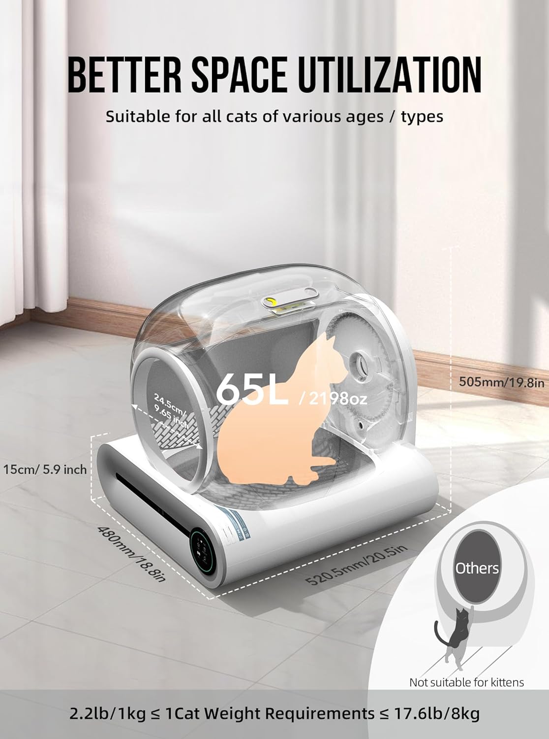 2026 Selbstreinigende Katzentoilette, Automatische Katzentoilette mit Matte und Einlagen, 65 l + 9 l große Kapazität, Selbstreinigende Katzentoilette, App-Steuerung/Geeignet für mehrere Katzen – Grau