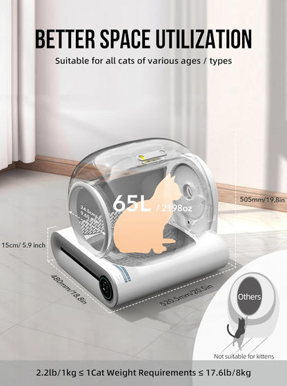 2026 Selbstreinigende Katzentoilette, Automatische Katzentoilette mit Matte und Einlagen, 65 l + 9 l große Kapazität, Selbstreinigende Katzentoilette, App-Steuerung/Geeignet für mehrere Katzen – Grau