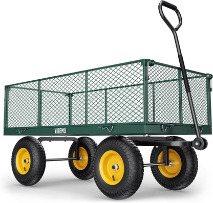 2026 Steel Garden Cart, 2-in-1 1400 lbs Heavy Duty Utility Wagon, with Removable Mesh Sides to Convert into Flatbed, 240° U-Turn 13" Pneumatic Tires Garden Wagon for Farm Yard Lawn Garden Camping