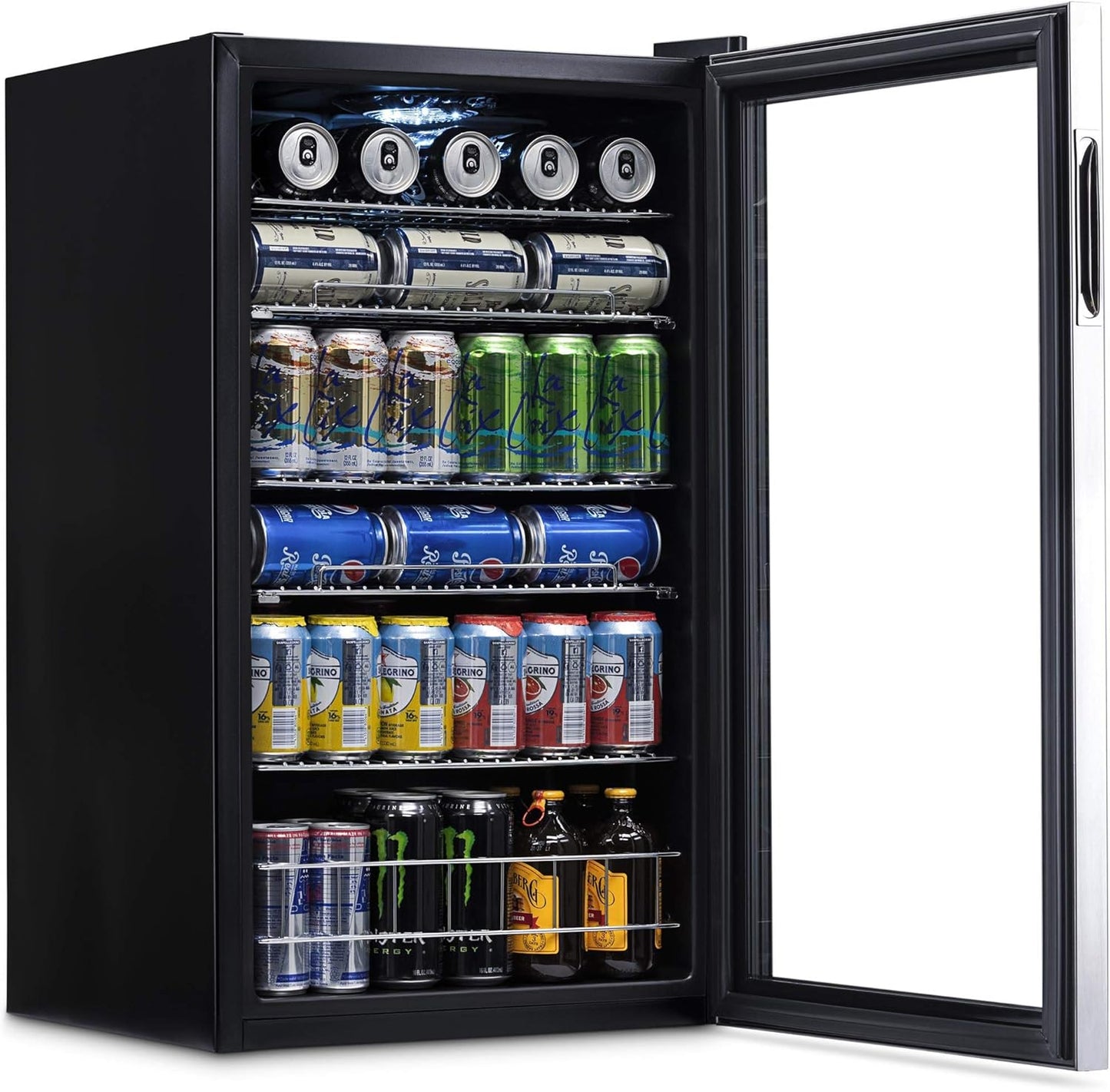 2026 Getränkekühlschrank | Freistehender Kühlschrank für 126 Dosen mit Glastür mit Scharnier rechts | Mini-Getränkekühlschrank, perfekt für Bier, Wein, Limonade und kühlere Getränke