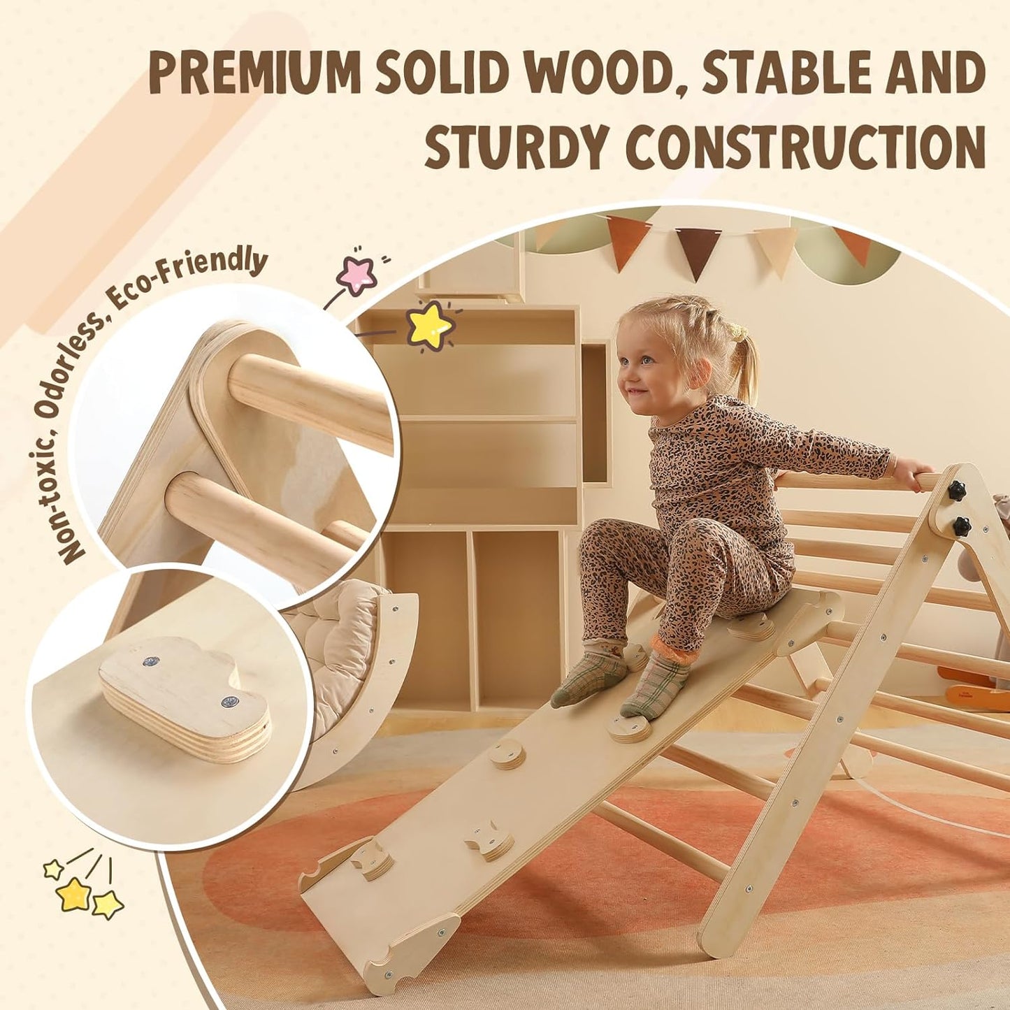 2026 Dreieck-Set mit Kissen, 5-in-1 Montessori-Kletterset, faltbar, Kletter-Indoor-Spielplatz-Set für Kleinkinder, Holz-Kletterspielzeug mit Rampe und Kletterbogen für Kinder (Holzfarbe)