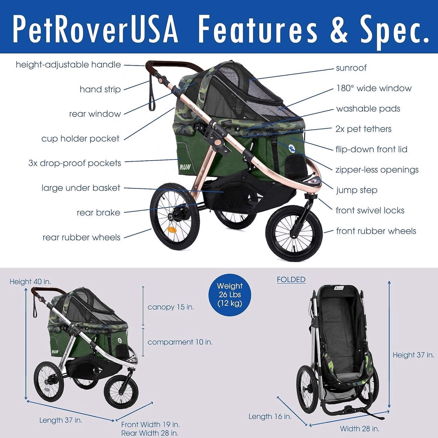 2026 Jogging-Sport-Tierbuggy mit Komfort-Gummirädern / Reißverschlusslosem Einstieg / Einhand-Schnellfaltung / Aluminiumrahmen für kleine & mittelgroße Hunde, Katzen und Haustiere (Grün Camouflage)