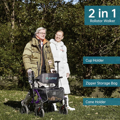 2026 Geländegängiger 2-in-1-Rollator und Transportstuhl, zusammenklappbarer Rollstuhl mit luftlosen 10-Zoll-Rädern für Senioren, umkehrbare Rückenlehne und abnehmbare Fußstützen, blau