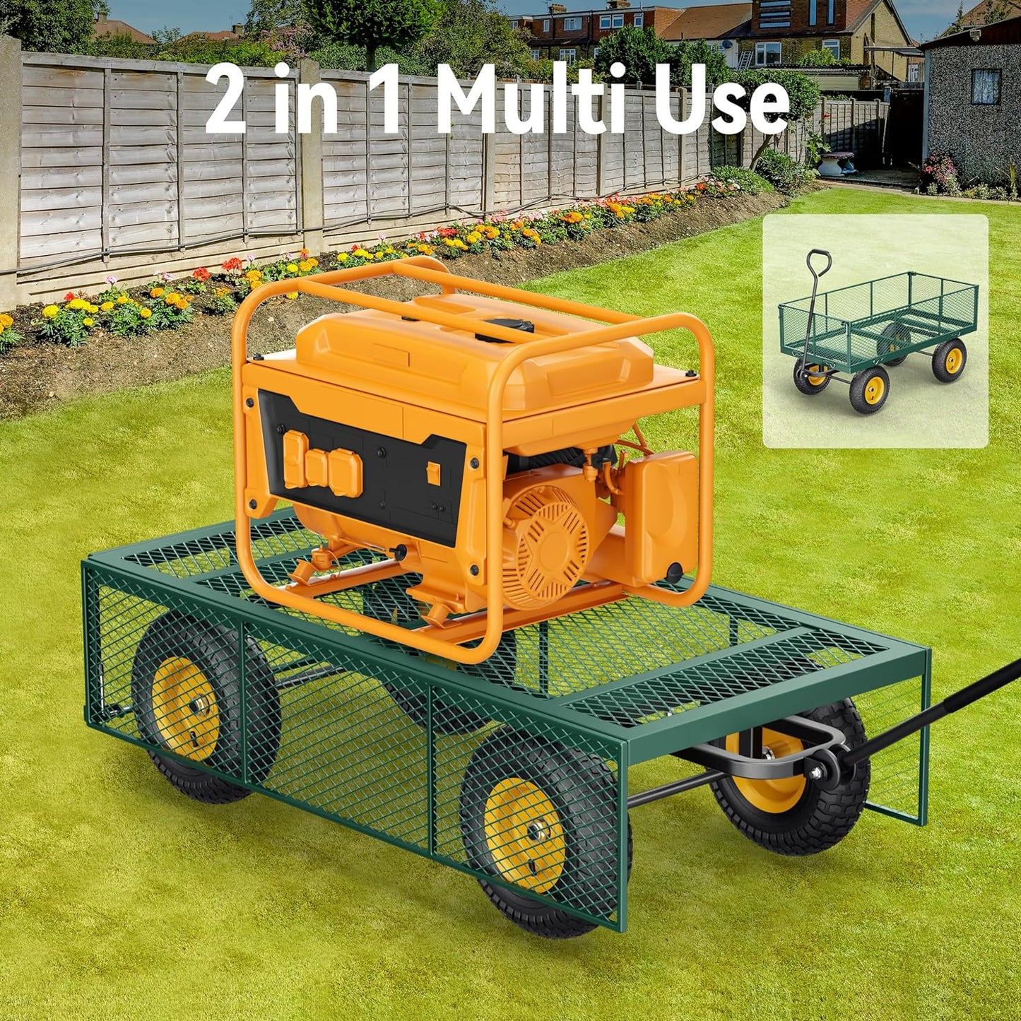 2026 Steel Garden Cart, 2-in-1 1400 lbs Heavy Duty Utility Wagon, with Removable Mesh Sides to Convert into Flatbed, 240° U-Turn 13" Pneumatic Tires Garden Wagon for Farm Yard Lawn Garden Camping